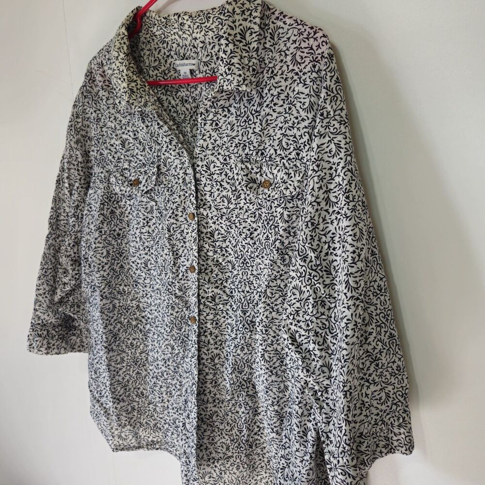 Croft & Barrow Women’s 3X Button Down Shirt Black White Paisley Leaf Vine Print - Picture 2 of 9
